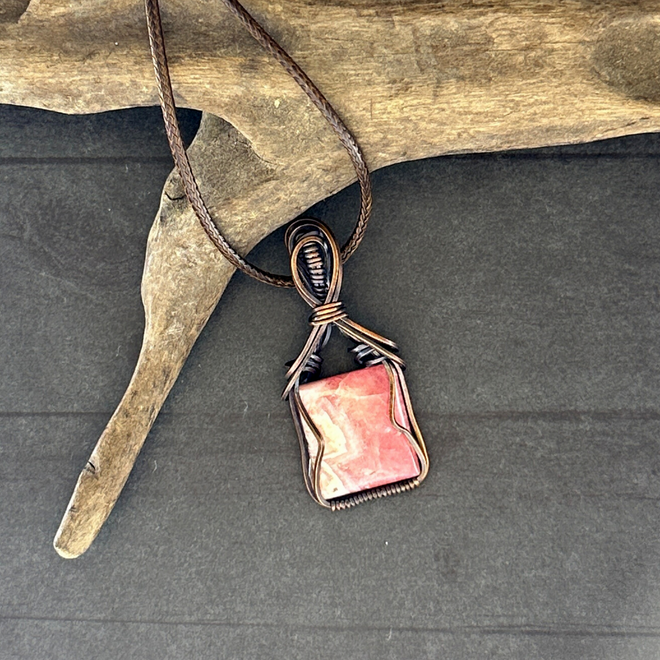Necklace - Wire-Wrapped with Copper: Rhodochrosite Square Gemstone