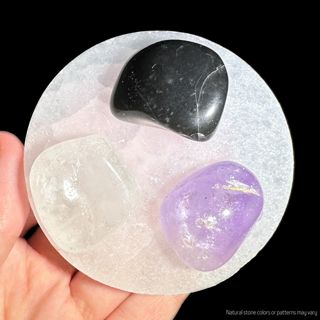 Selenite Plate with Black Tourmaline, Amethyst, and Clear Quartz Tumbles