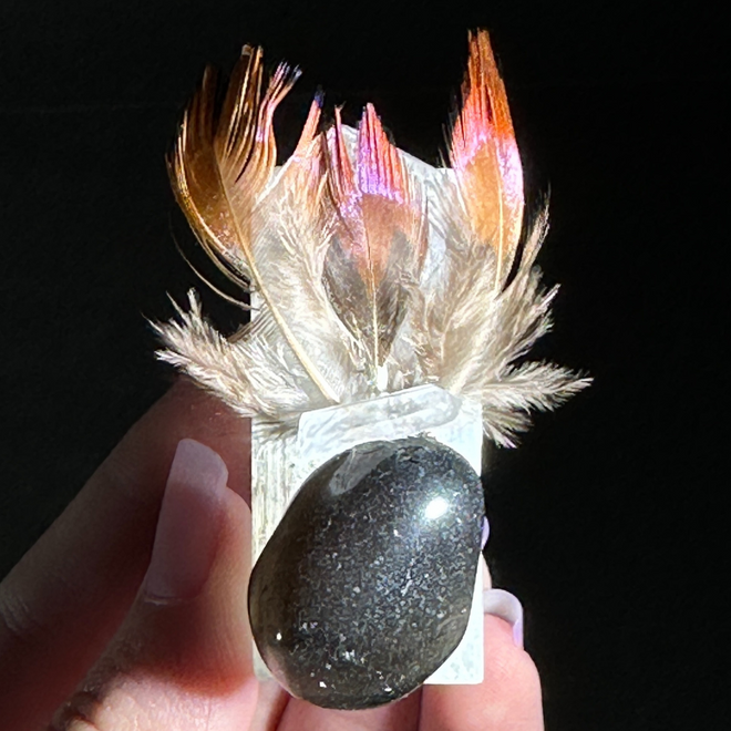 Onyx Crystal Protection Gemstone with Feathers