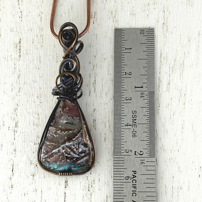 Necklace - Wire-Wrapped with Copper: Native Copper in Chrysocolla Plume Agate Teardrop (Rare!)