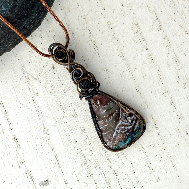 Necklace - Wire-Wrapped with Copper: Native Copper in Chrysocolla Plume Agate Teardrop (Rare!)